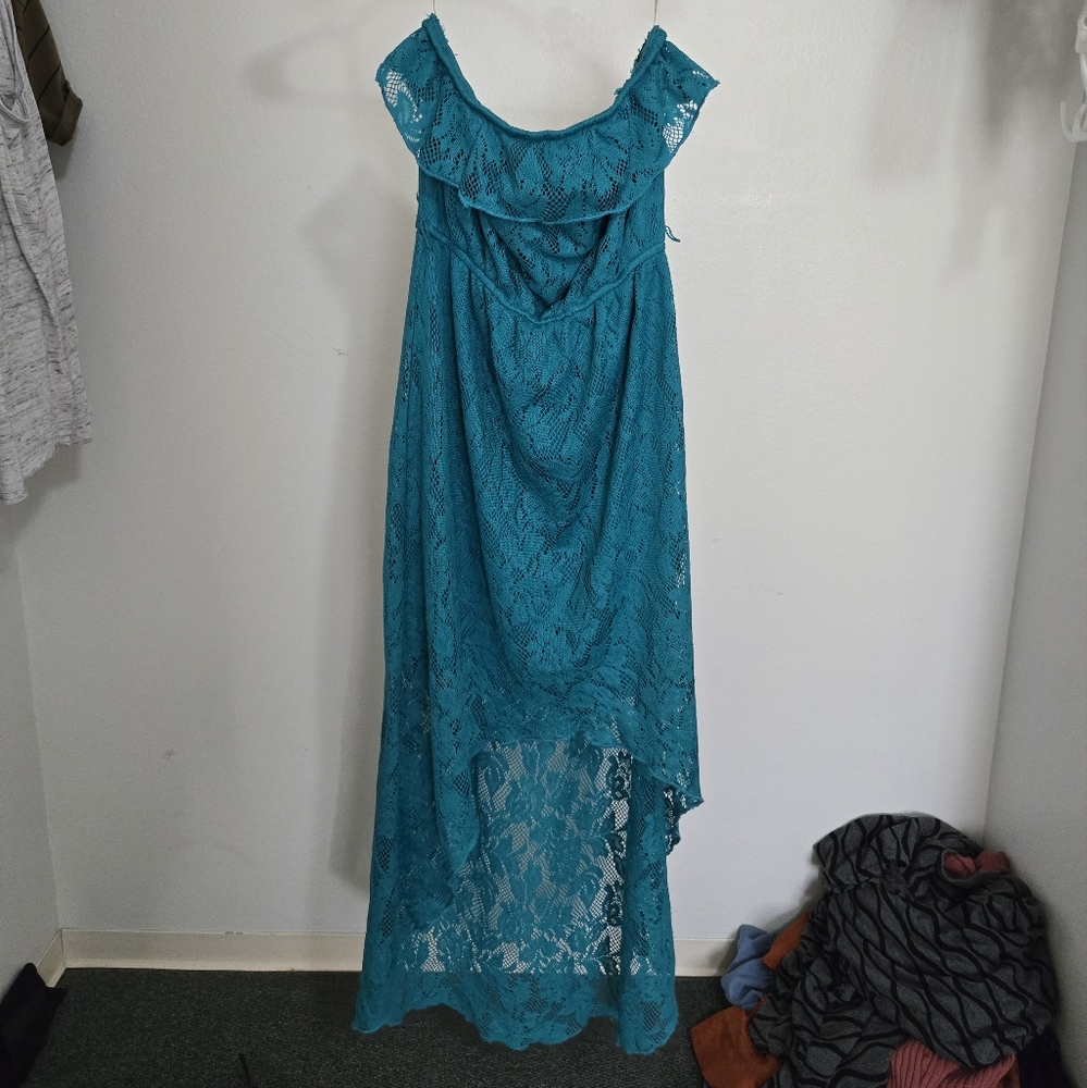 Trixxi Teal Lace Off Shoulder Strapless High Low Midi Dress